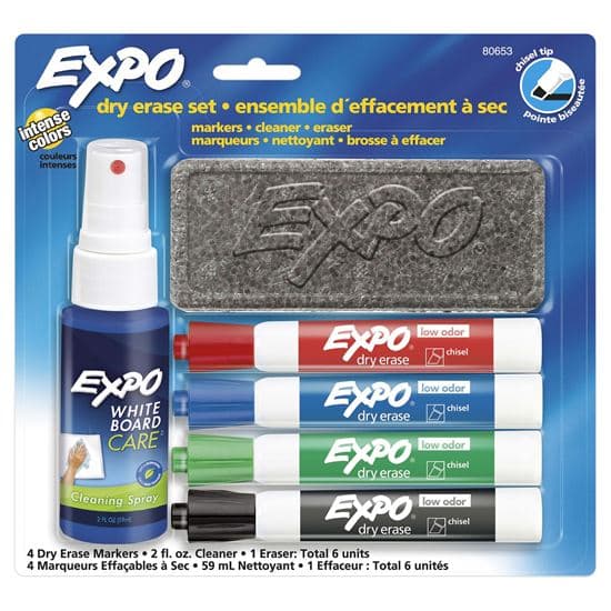 Expo EXPO Dry Erase Markers Chisel Tip with Cleaning Spray & Eraser 80653