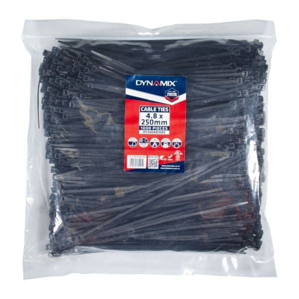Dynamix 4.8 x 250mm UV Black Cable Ties Pack of 1000 230N/23.4kgs DY2404B1000