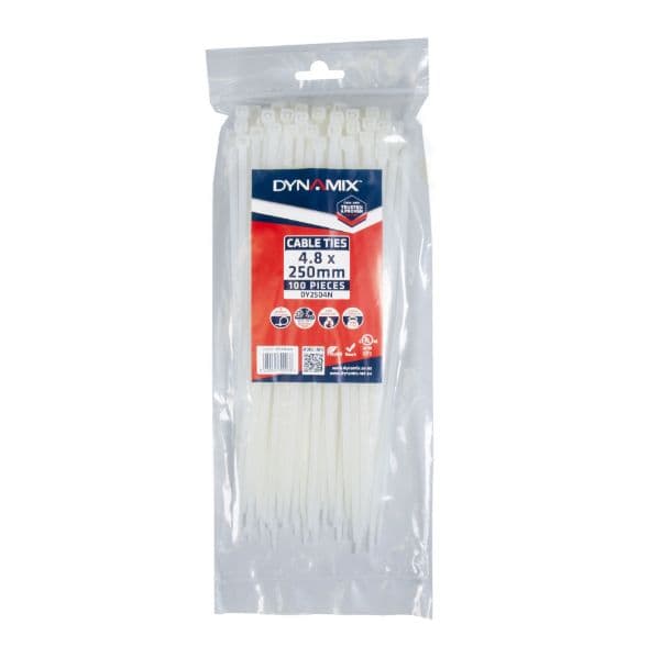 Dynamix 4.8 x 250mm Natural Cable Ties Pack of 100 230N/23.4kgs DY2504N