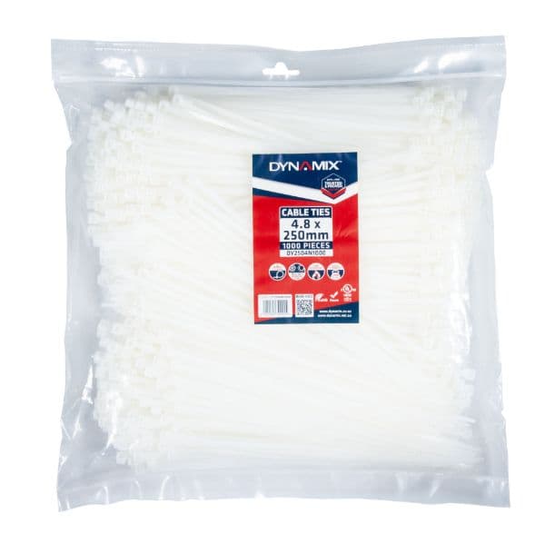 Dynamix 4.8 x 250mm Natural Cable Ties Pack of 1000 230N/23.4kgs DY2504N1000