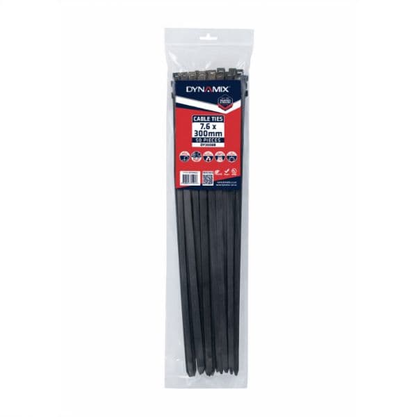 DYNAMIX 7.6 x 300mm UV Black Cable Ties Pack of 50 540N/55.1kgs DY3008B