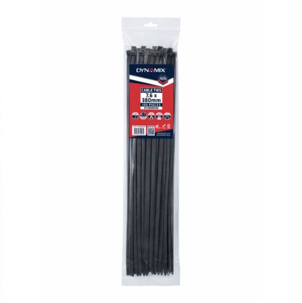 Dynamix 7.6 x 380mm UV Black Cable Ties Pack of 100 540N/55.1kgs DY3808B100