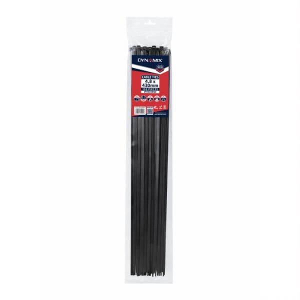 Dynamix 4.8 x 430mm UV Black Cable Ties Pack of 100 230N/23.4kgs DY4304B100