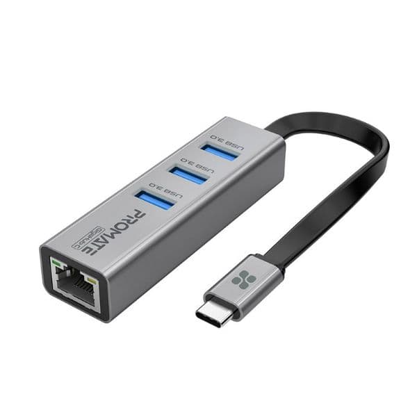 Promate Multi-Port Hub W/ Ethernet Port & USB-C Connect 3x USB-A 3.0 Ports 1000Mbps GIGAHUB-C-GRY