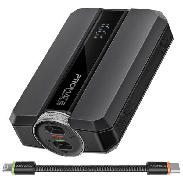 PROMATE 10000mAh 30W PD Ultra-Fast Power Bank USB-C & Lightning Ports. Smart LED Screen NEO-10UNI-BLK