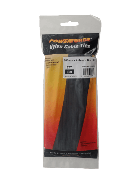 POWERFORCE 4.8 X 200mm Black UV Cable Ties Pack Of 100 22kgs Tensile Strength POWCT2004BK-100