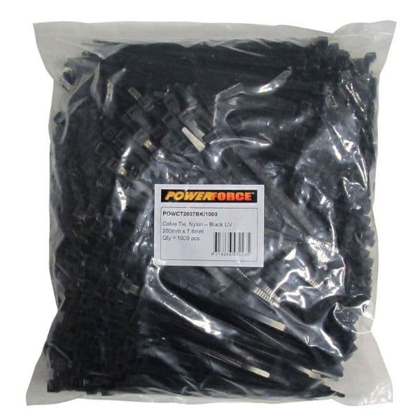 POWERFORCE 7.6 X 200mm Black UV Cable Ties Pack Of 1000 55kgs Tensile Strength POWCT2007BK-1000