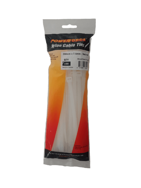 POWERFORCE 7.6 X 200mm Natural Cable Ties Pack Of 100 55kgs Tensile Strength POWCT2007NT-100