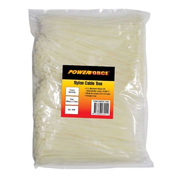 POWERFORCE 7.6 X 200mm Natural Cable Ties Pack Of 1000 55kgs Tensile Strength POWCT2007NT-1000