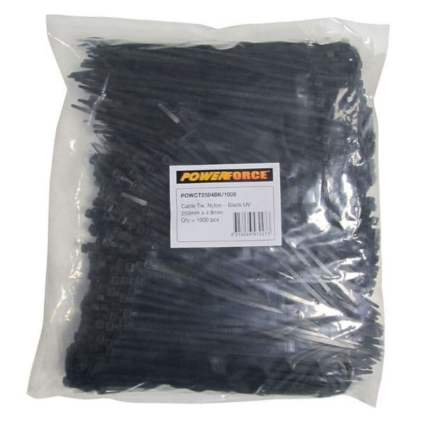 POWERFORCE 4.8 X 250mm Black UV Cable Ties Pack Of 1000 22kgs Tensile Strength POWCT2504BK-1000