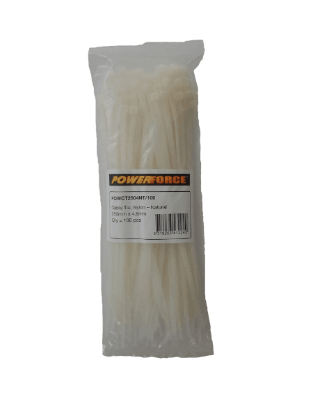 POWERFORCE 4.8 X 250mm Natural Cable Ties Pack Of 100 22kgs Tensile Strength POWCT2504NT-100