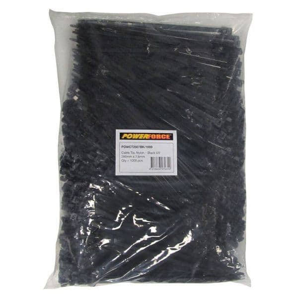 POWERFORCE 7.6 X 280mm Black UV Cable Ties Pack Of 1000 55kgs Tensile Strength POWCT2807BK-1000