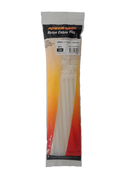 POWERFORCE 7.6 X 280mm Natural Cable Ties Pack Of 100 55kgs Tensile Strength POWCT2807NT-100