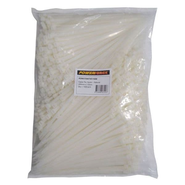POWERFORCE 7.6 X 280mm Natural Cable Ties Pack Of 1000 55kgs Tensile Strength POWCT2807NT-1000