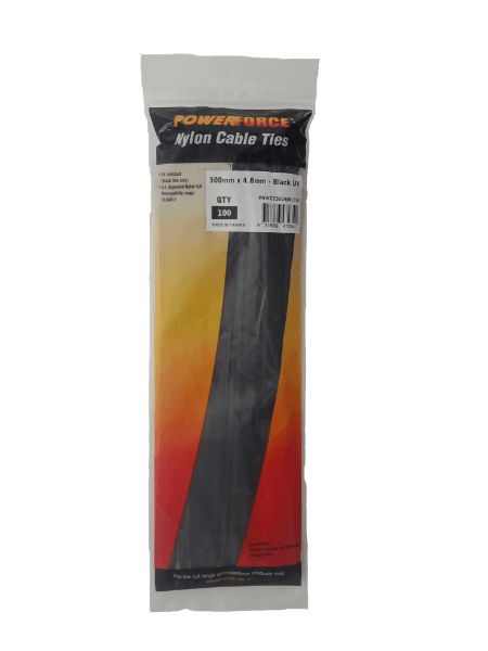 POWERFORCE 4.8 X 300mm Black UV Cable Ties Pack Of 100 22kgs Tensile Strength POWCT3004BK-100