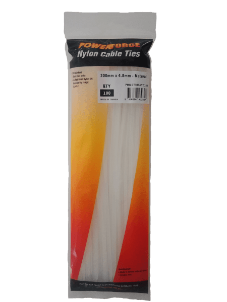 POWERFORCE 4.8 X 300mm Natural Cable Ties Pack Of 100 22kgs Tensile Strength POWCT3004NT-100