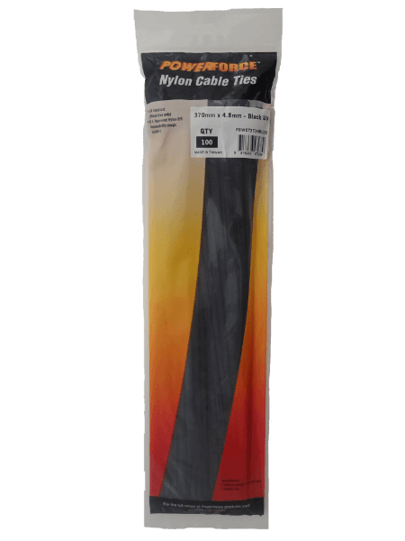POWERFORCE 4.8 X 370mm Black UV Cable Ties Pack Of 100 22kgs Tensile Strength POWCT3704BK-100