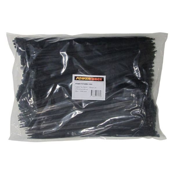 POWERFORCE 4.8 X 370mm Black UV Cable Ties Pack Of 1000 22kgs Tensile Strength POWCT3704BK-1000