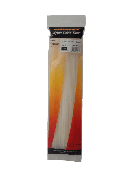 POWERFORCE 4.8 X 370mm Natural Cable Ties Pack Of 100 22kgs Tensile Strength POWCT3704NT-100