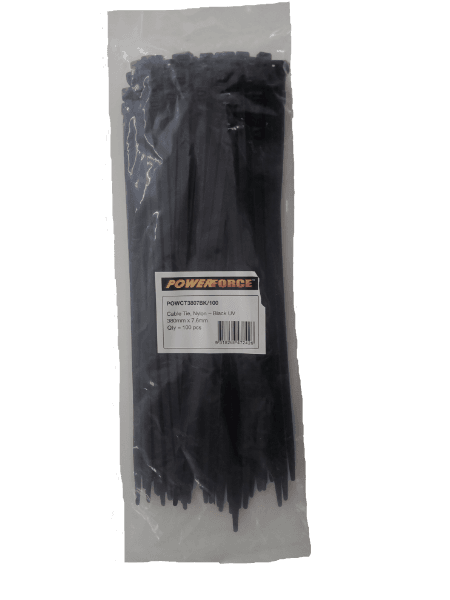 POWERFORCE 7.6 X 380mm Black UV Cable Ties Pack Of 100 55kgs Tensile Strength POWCT3807BK-100