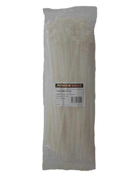 POWERFORCE 7.6 X 380mm Natural Cable Ties Pack Of 100 55kgs Tensile Strength POWCT3807NT-100