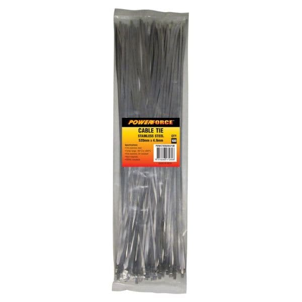 POWERFORCE 4.6 X 520mm 316L Stainless Steel Cable Ties Pack Of 100 667N/68kgs Tensile Strength POWCTSS5204-100