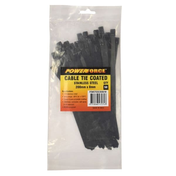 POWERFORCE 8 X 200mm 316L Stainless Steel Cable Ties Pack Of 50 1335N/136kgs Tensile Strength POWCTSSC2008-50