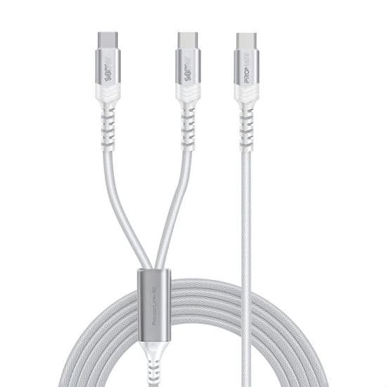 promate 1.4M 140W PD USB-C to Dual USB-C Charging Cable. POWERLINK-3C-WHT