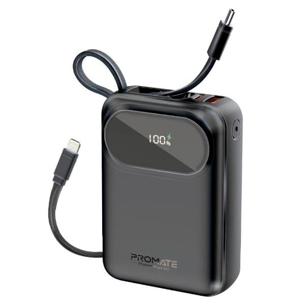 Promate 20000mAh Ultra Compact 35W SuperSpeed Power Bank Built-In USB-C & Lightning Cables. 35W POWERPOD-20-BLK
