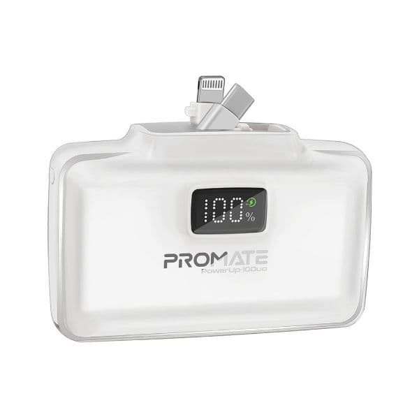 Promate 10000mAh Ultra-Compact Fast Charging Power Bank In-Built Dual Folding USB-C & Lightning POWERUP-10DUO-WT