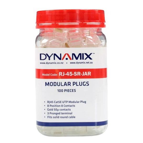 Dynamix DYNAMIX RJ45 Plug 100pc Jar, 8P8C Modular Plug. 50 micron. RJ-45-SR-JAR