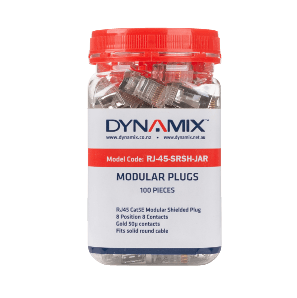 Dynamix DYNAMIX RJ45 100pc Jar, 8P8C Shielded Modular Plug. 50 Micron. RJ-45-SRSH-JAR