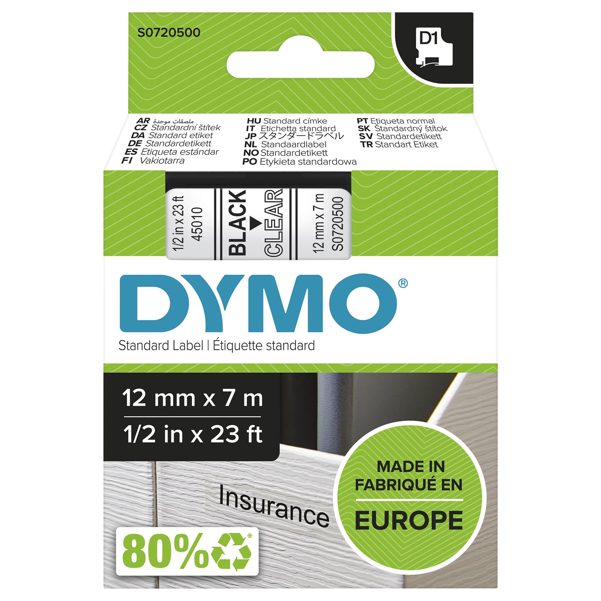 Dymo DYMO Genuine D1 Label Cassette Tape 12mm x 7M,  Black on Clear. S0720500
