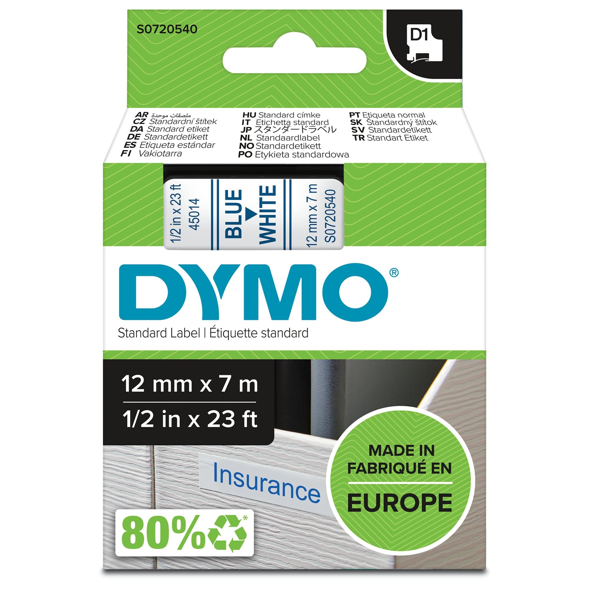 Dymo DYMO Genuine D1 Label Cassette Tape 12mm x 7M, Blue on White. S0720540