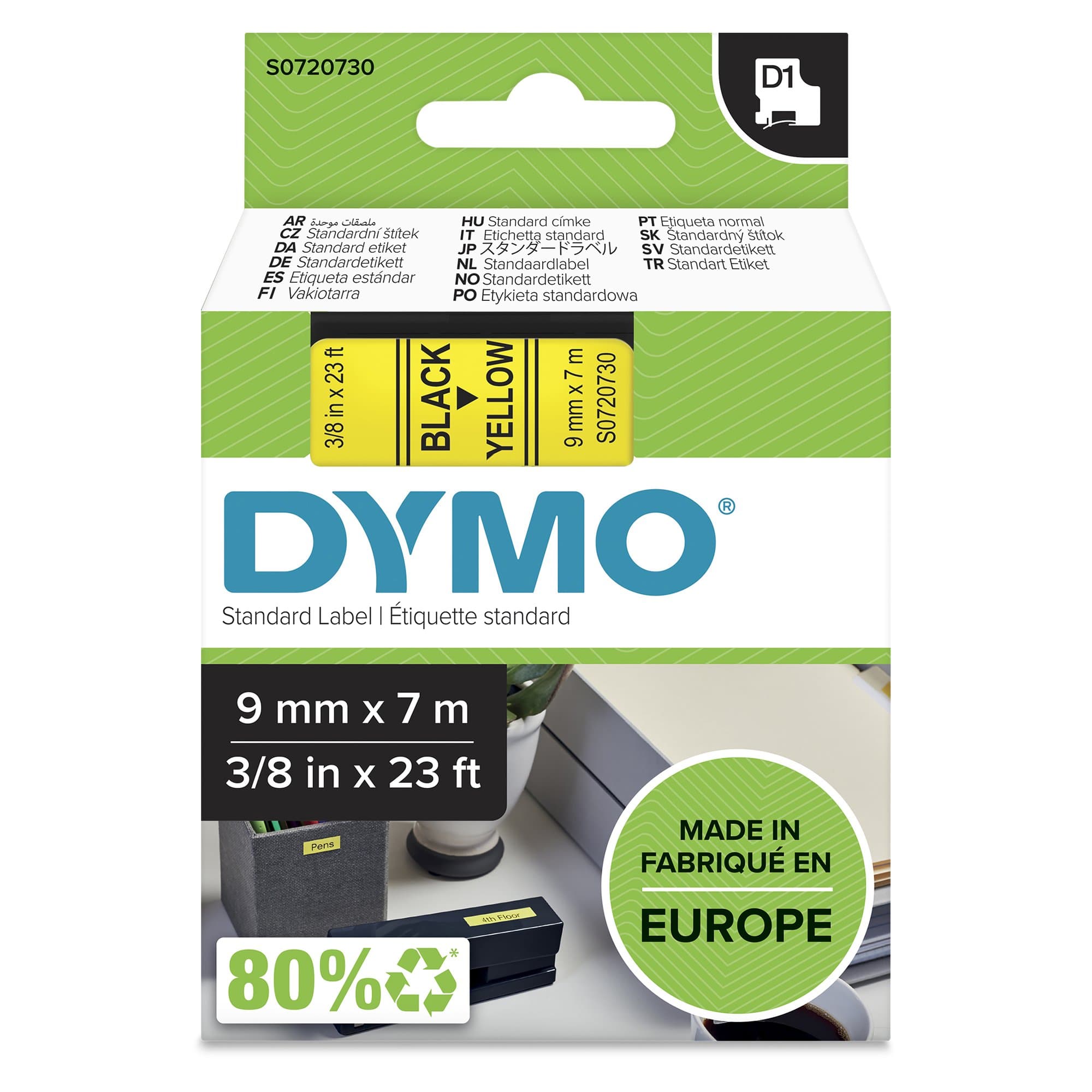 Dymo DYMO Genuine D1 Label Cassette Tape 9mm x 7M,  Black on Yellow S0720730
