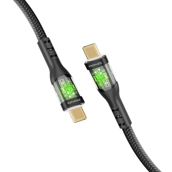 Promate PROMATE 2m 60W USB-C to USB-C Cable Transparent Connectors & LEDs TRANSLINE-CC200B