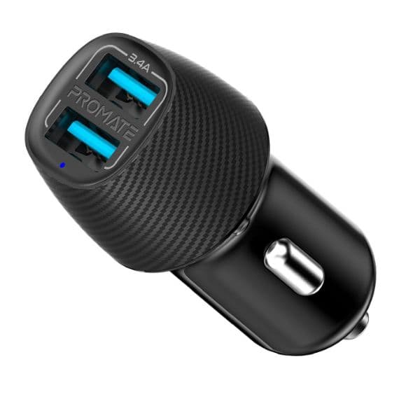 Promate 3.4A Dual Port USB-A Car Charger. Charge 2 Devices Same Time. Short-Circuit VOLTRIP-DUO-BLK
