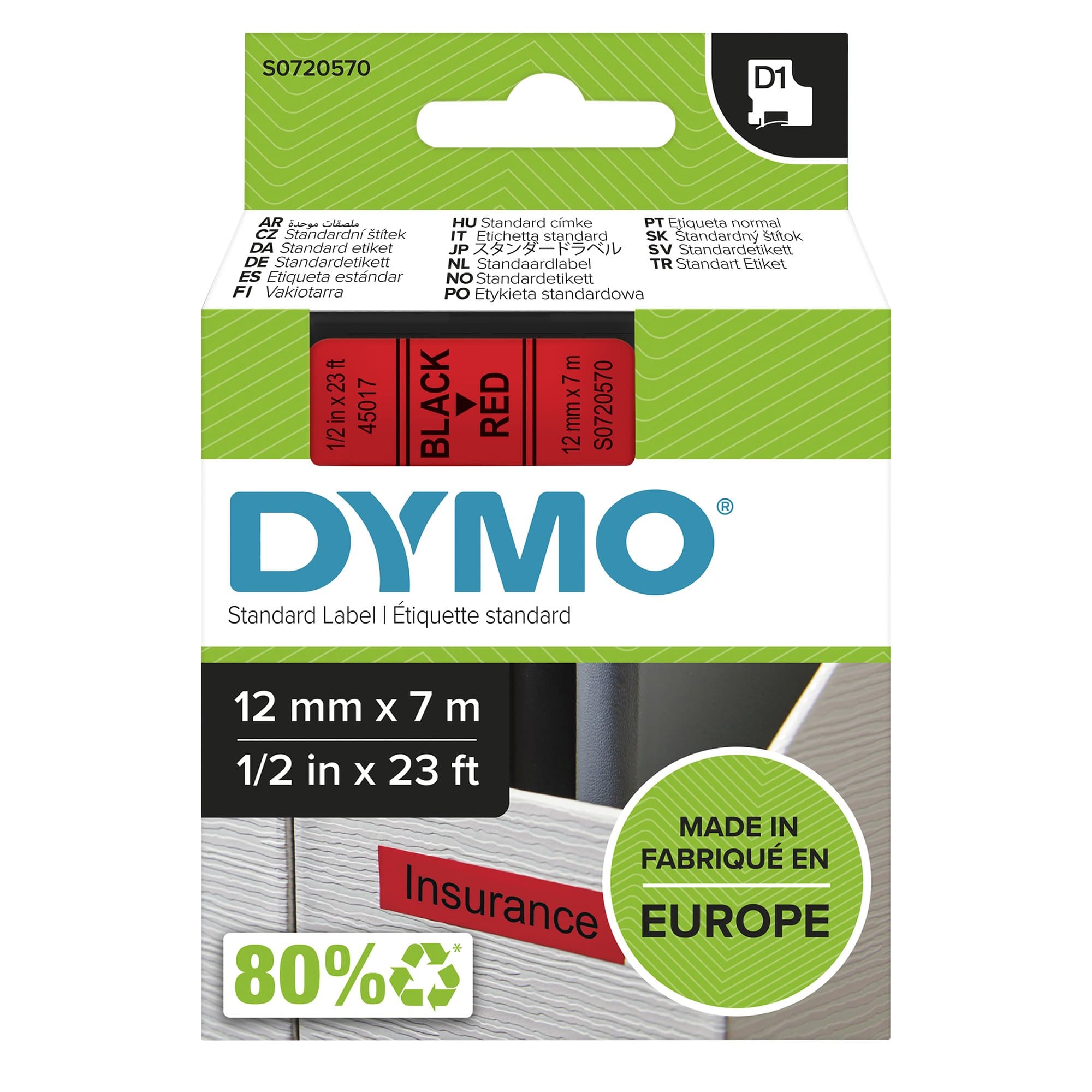 Dymo Dymo Blk on Red 12mmx7m Tape DYS0720570