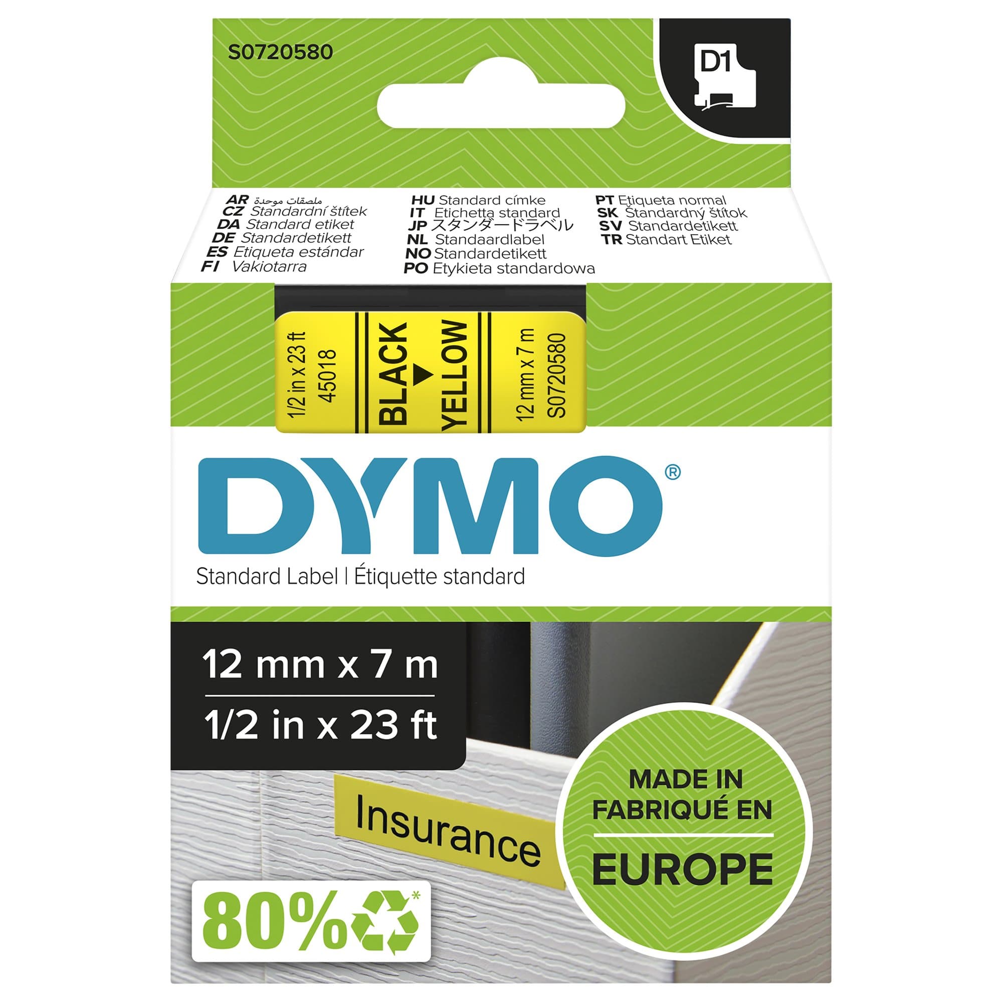 Dymo Dymo Blk on Yell 12mmx7m Tape DYS0720580