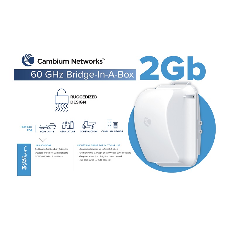 Cambium cnWave 60 GHz Wireless Bridge in a Box 2Gbps Full Duplex Point to Point Wireless Backhaul