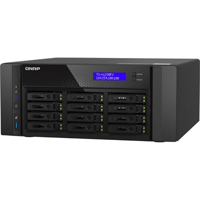 QNAP TS-h1290FX-7232P-64G 12-Bay U.2 NVMe PCIe Gen4 x4 all-flash desktop NAS, AMD EPYC 8-core 7232P up to 3.2GHz, 12 x 2.5" U.2 NVMe / SATA SSD bays, 64GB RDIMM ECC DDR4 RAM, 2 x 2.5GbE RJ45, 2 x 25GbE SFP28, iSCSI, RAID, PCIe Gen4 expansion slots, QNAP — view 2
