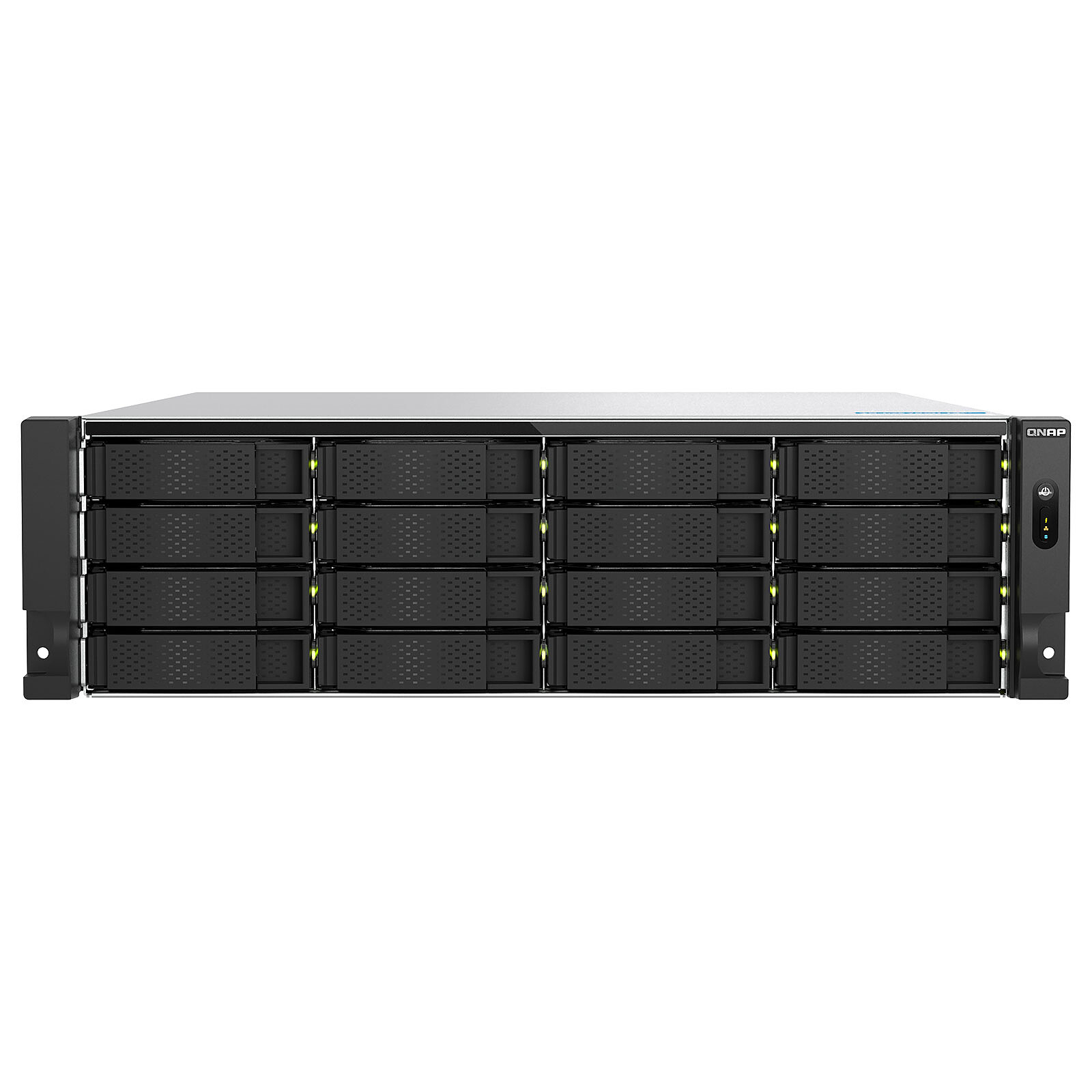 QNAP TS-h1677AXU-RP-R7-32G 3U 16-bay 3.5" SATA HDD NAS, AMD Ryzen  7000 series 8C16T (boost up to 5.3 GHz), 32GB DDR5 non-ECC RAM (max. 128GB total), 2x M.2 2280 PCIe Gen5 x2 slots for SSD cache, 2x 10GBASE-T + 2x 2.5 GbE RJ45, 3 x PCIe Gen 4 expansi QNAP — view 2