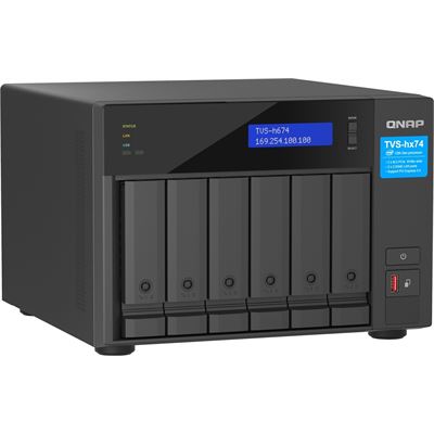 QNAP TVS-h674-i5-32G 6-bay QuTS hero NAS, Intel® Core i5-12400 6-core/12-thread, up to 4.6GHz, 32GB SO-DIMM  DDR4(max.128GB), 6 x 2.5"/3.5" SATA HDD/SSD, 2 x 2.5GbE, 2x M.2 PCIe Gen4 x4 slots, PCIe Gen4 slots, HDMI 1.4b, 250W PSU QNAP — view 2