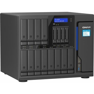 QNAP TS-1655-8G 16-Bay NAS, Intel® Atom® C5125 8-core/8-thread 2.8GHz processor, 8 GB UDIMM DDR4 non-ECC (1 x 8GB), 4 x UDIMM DDR4 slots with ECC supported, 16 x 2.5"/3.5" SATA HDD/SSD bays + 4 x 2.5" SATA SSD bays, 2 x M.2 2280 PCIe Gen3 x2 slots, 2 QNAP — view 2