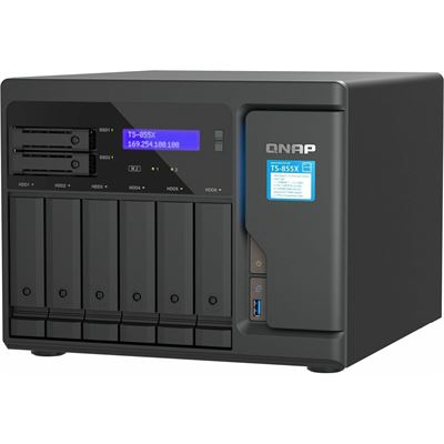 QNAP TS-855X-8G 8-Bay NAS, Intel® Atom® C5125 8-core/8-thread 2.8GHz processor, 8 GB UDIMM DDR4 non-ECC (1 x 8GB), 4 x UDIMM DDR4 slots with ECC supported, 6 x 2.5"/3.5" SATA HDD/SSD bays + 2 x 2.5" SATA SSD bays, 2 x M.2 2280 PCIe Gen3 x4 slots, 1 x QNAP — view 2