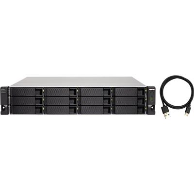 QNAP TL-R1200C-RP 12-bay 2U rackmount USB-C 3.1 Gen2 10Gbps JBOD expansion unit, redundant PSU, with a 1-meter USB-C to USB-A 3.1 Gen2 cable. QNAP — view 2