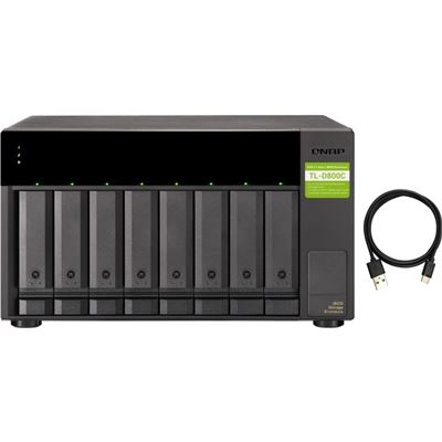 QNAP TL-D800C 8-bay desktop USB-C 3.1 Gen2 10Gbps JBOD expansion unit  with a 1-meter USB-C to USB-A 3.1 Gen2 cable. QNAP — view 2
