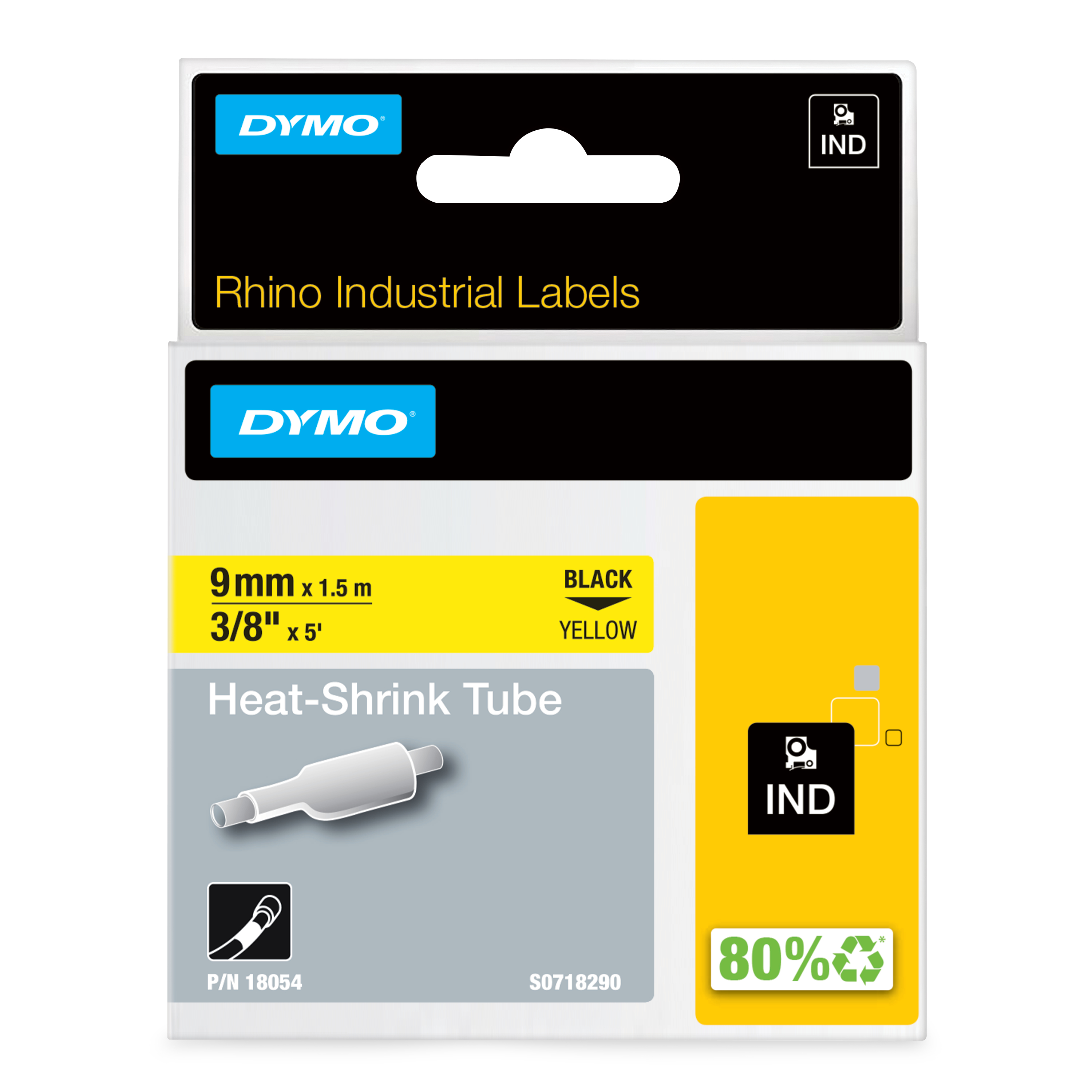 DYMO Genuine Rhino Industrial Labels- Heat Shrink 9mm Black on Yellow. industrial grade (18054) thumbnail 2