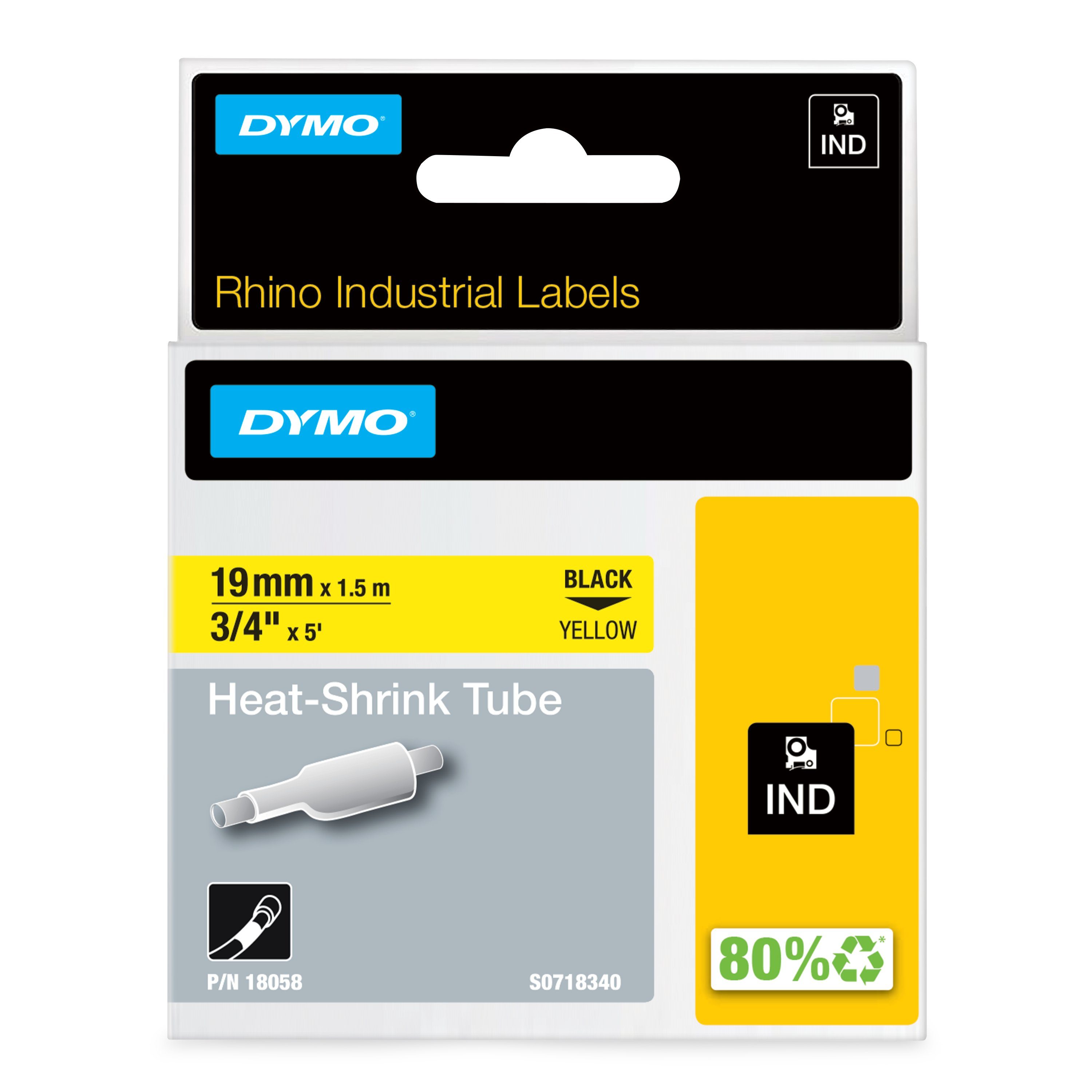 DYMO Genuine Rhino Industrial Labels-Heat Shrink 19mm Black on Yellow. industrial grade (18058) thumbnail 2