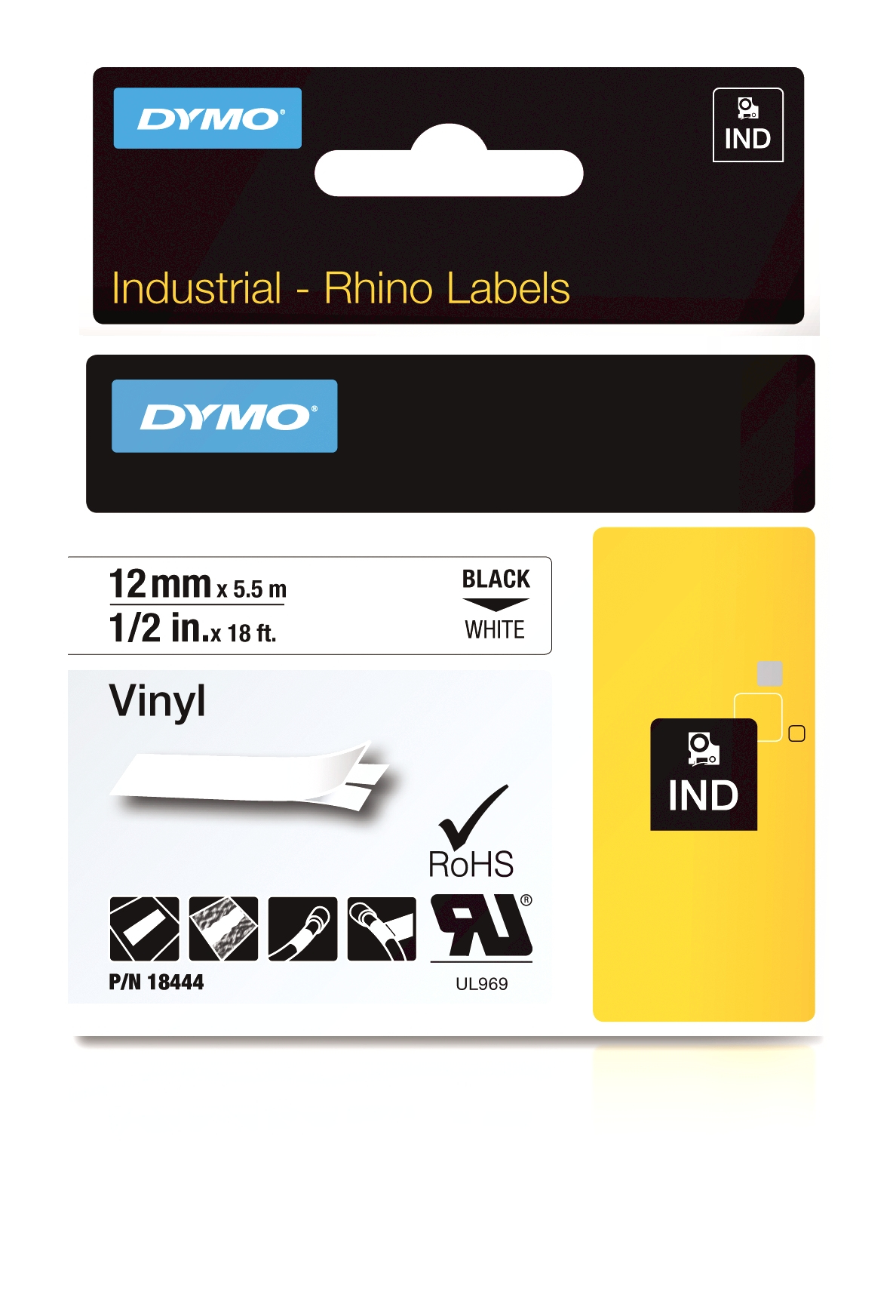 DYMO Genuine Rhino Industrial Vinyl 12mm x 5.5m. Black on White. Compatible with DYMO Rhino (18444) thumbnail 1